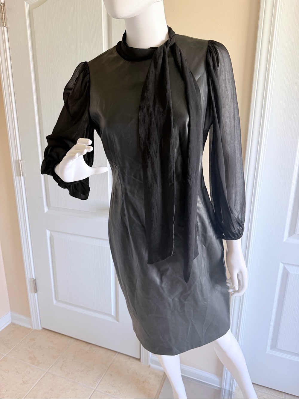 Calvin Klein Black Faux Leather Tie-Neck Midi Dress w/Sheer Sleeves Size 6 - Picture 3 of 8